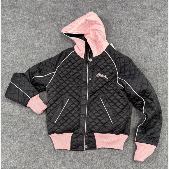 Akdmks Vintage Black Pink Quilted Hooded Bomber Jacket‎ Varsity Style Women's M - Picture 3 of 14